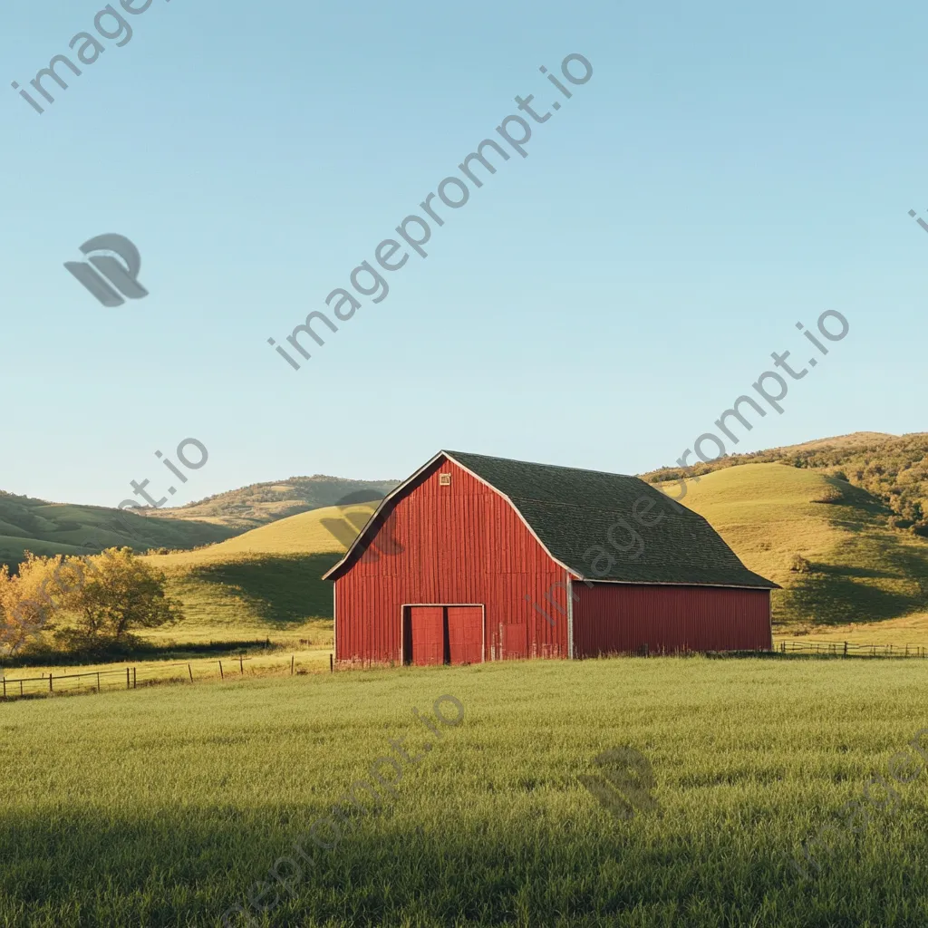 Tall red barn against rolling green hills - Image 2