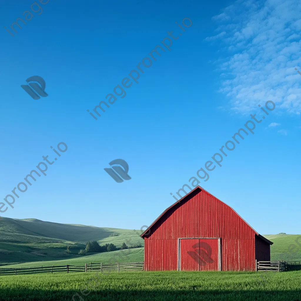 Tall red barn against rolling green hills - Image 3