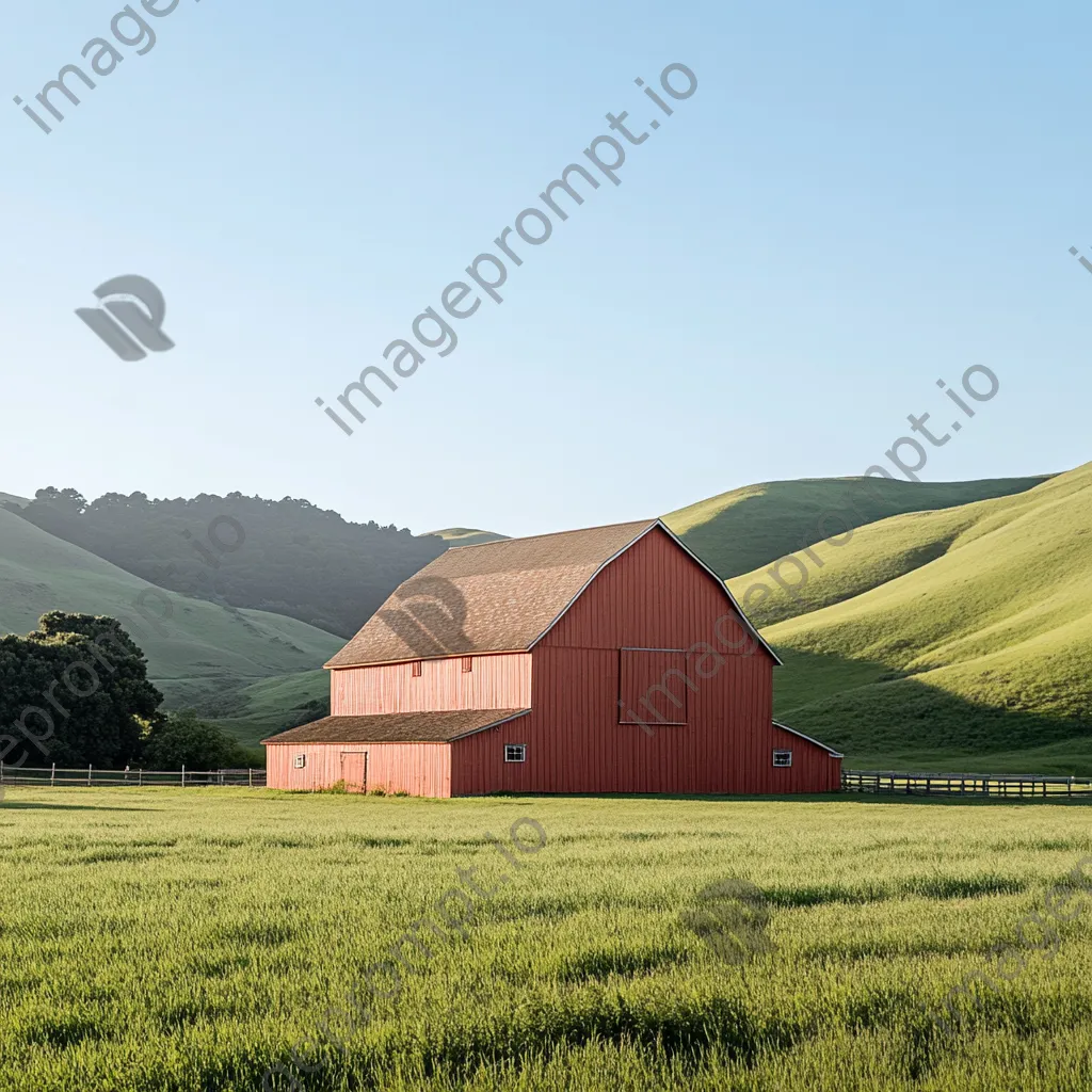 Tall red barn against rolling green hills - Image 4