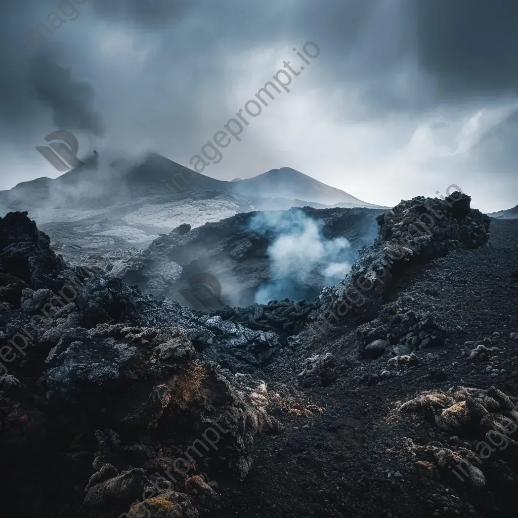 Volcanic island with smoking crater and rugged lava fields - Image 1