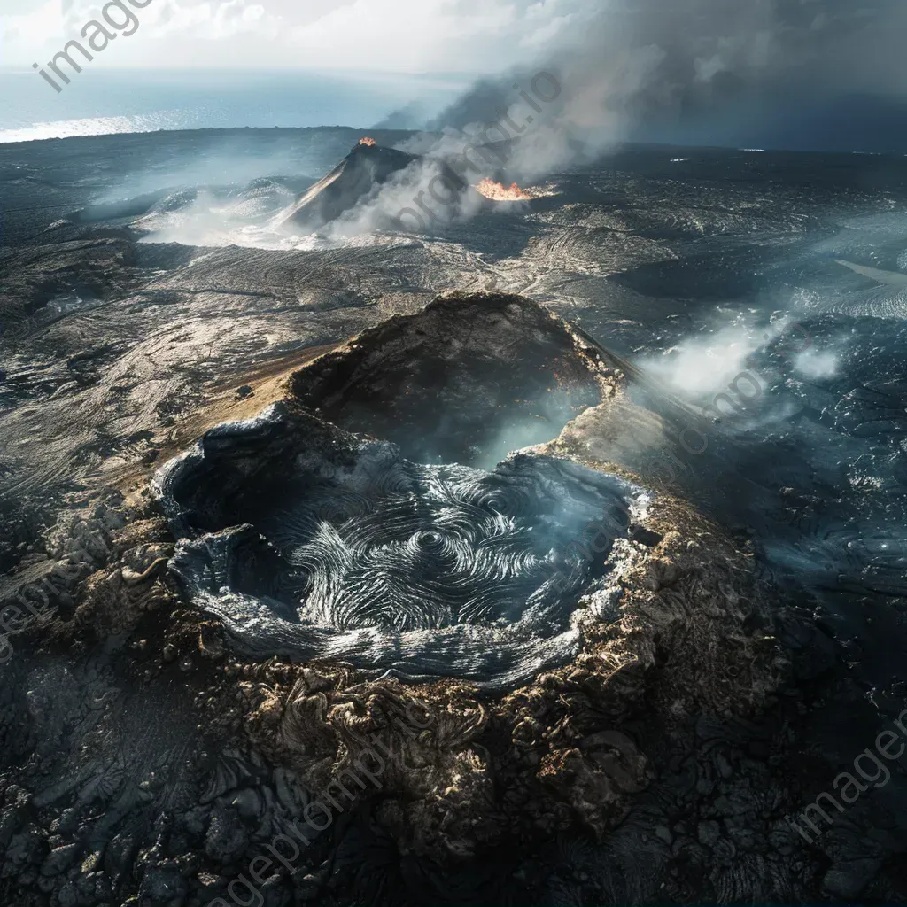 Volcanic island with smoking crater and rugged lava fields - Image 2