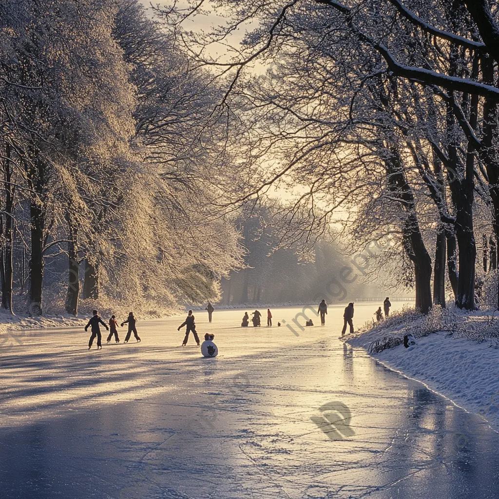 Family ice skating on a frozen lake - Image 1