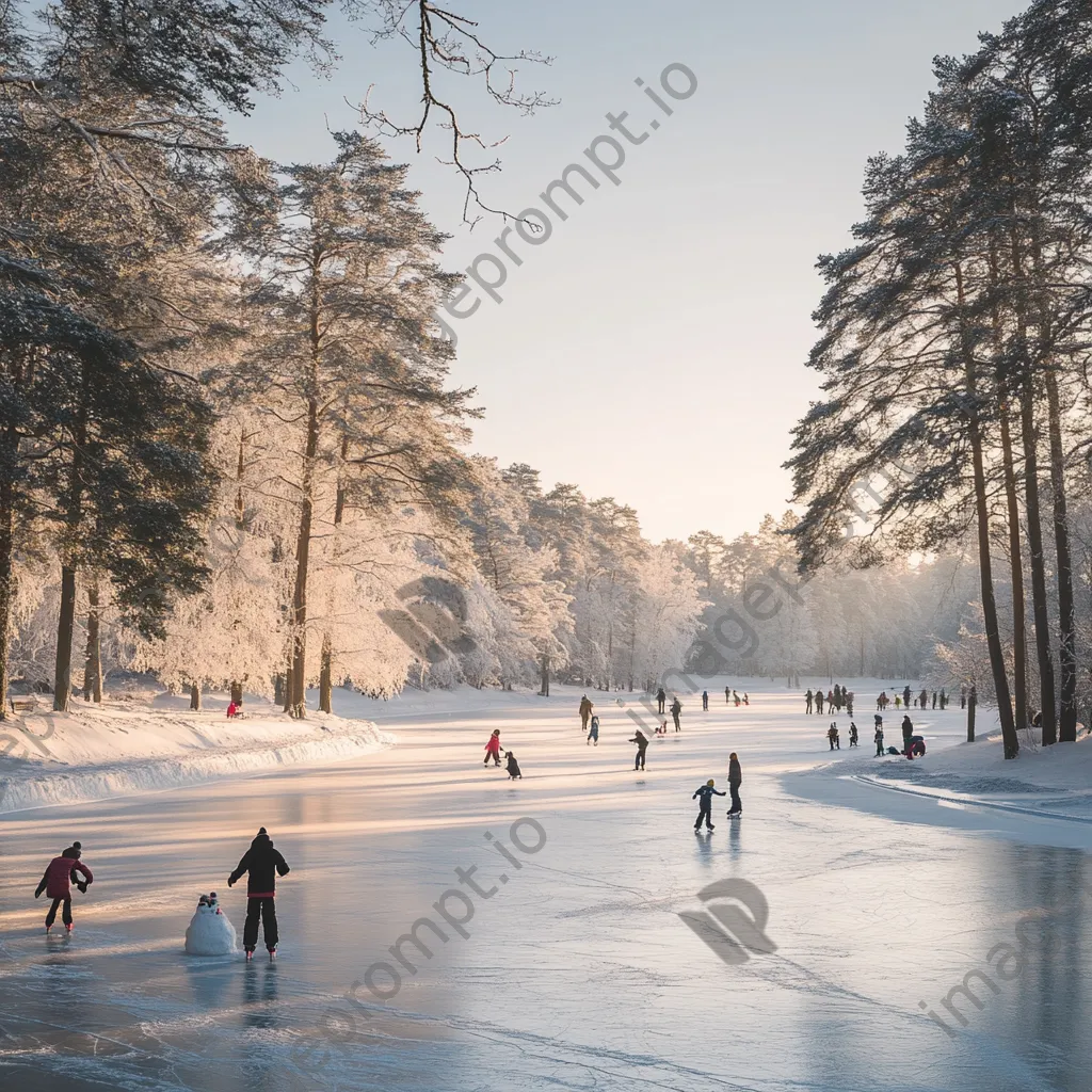 Family ice skating on a frozen lake - Image 2