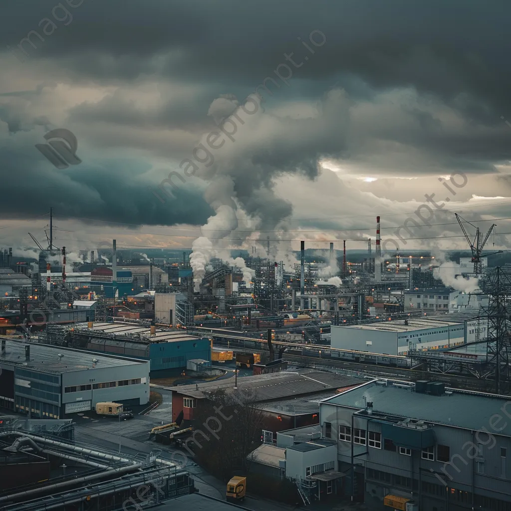 Industrial park with factories and cranes under cloudy sky - Image 1