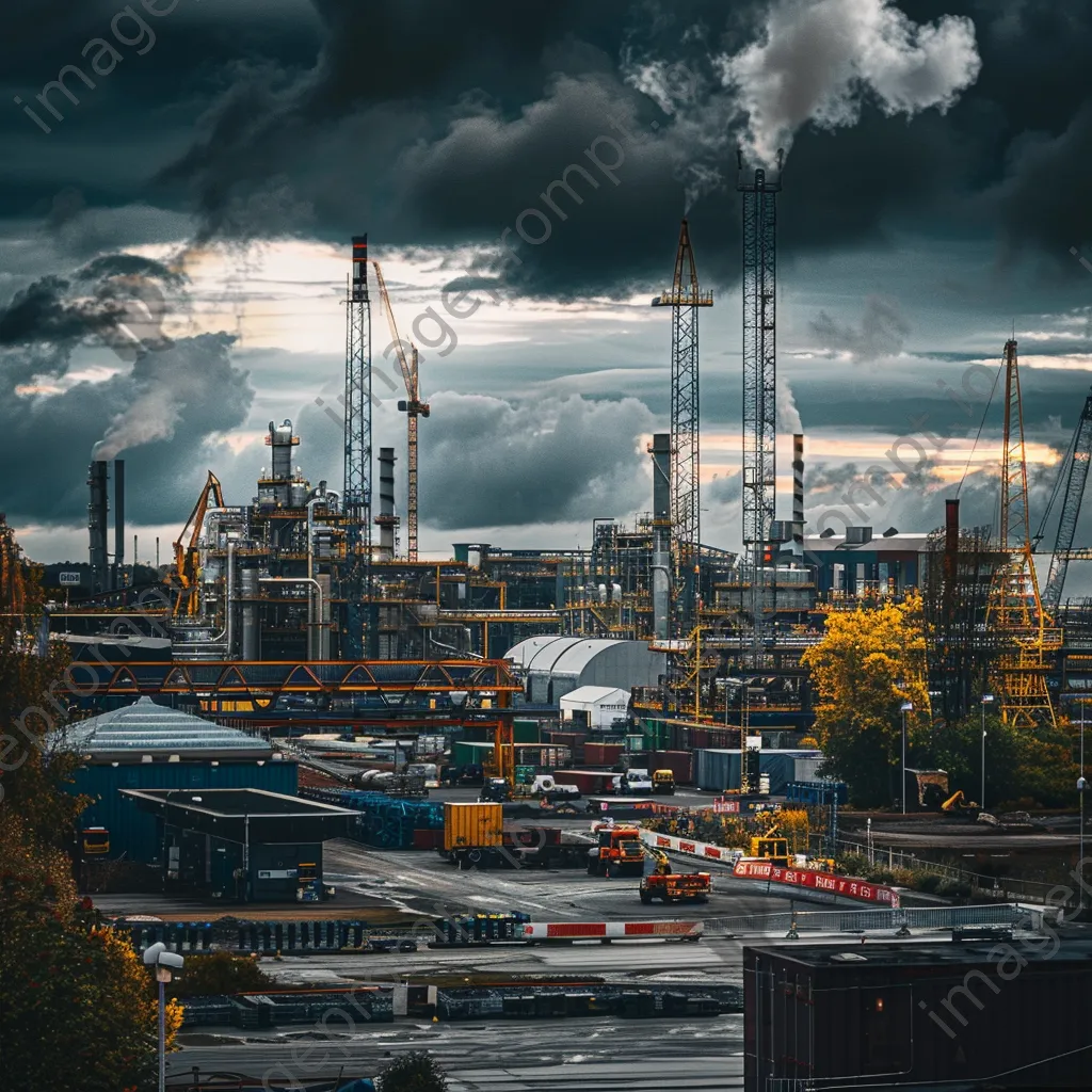 Industrial park with factories and cranes under cloudy sky - Image 3