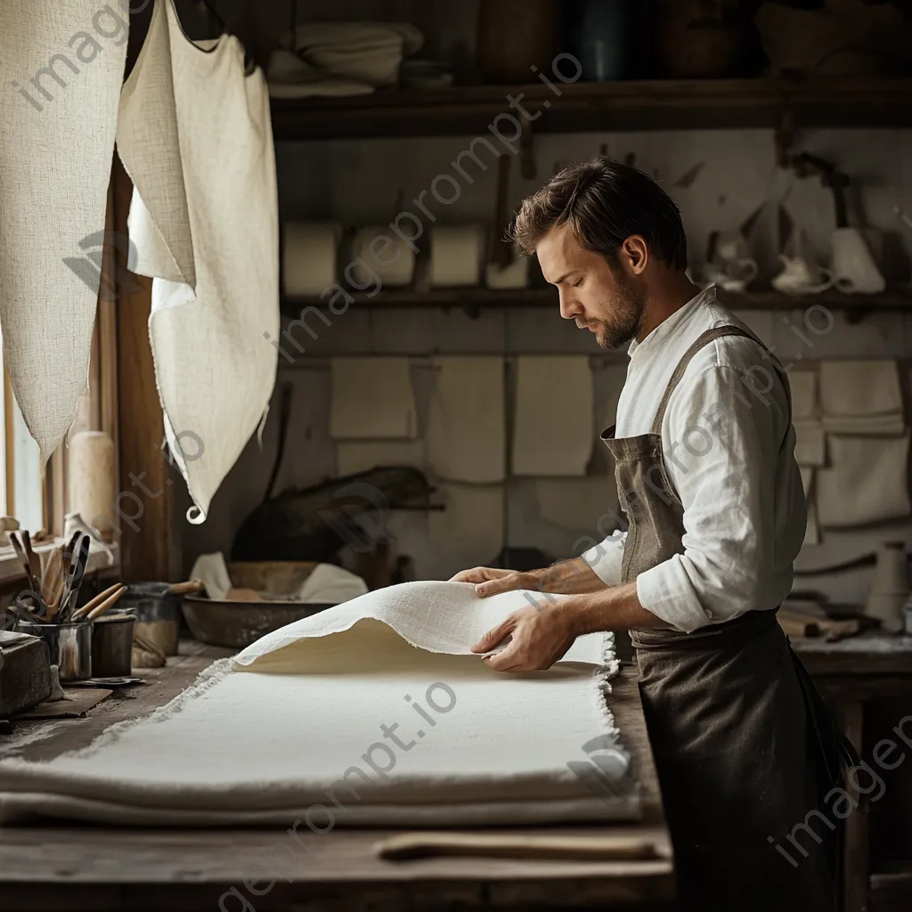 Artisan folding freshly woven linen tablecloths in a workshop. - Image 1