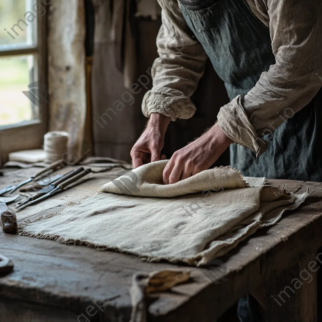 Artisan folding freshly woven linen tablecloths in a workshop. - Image 2