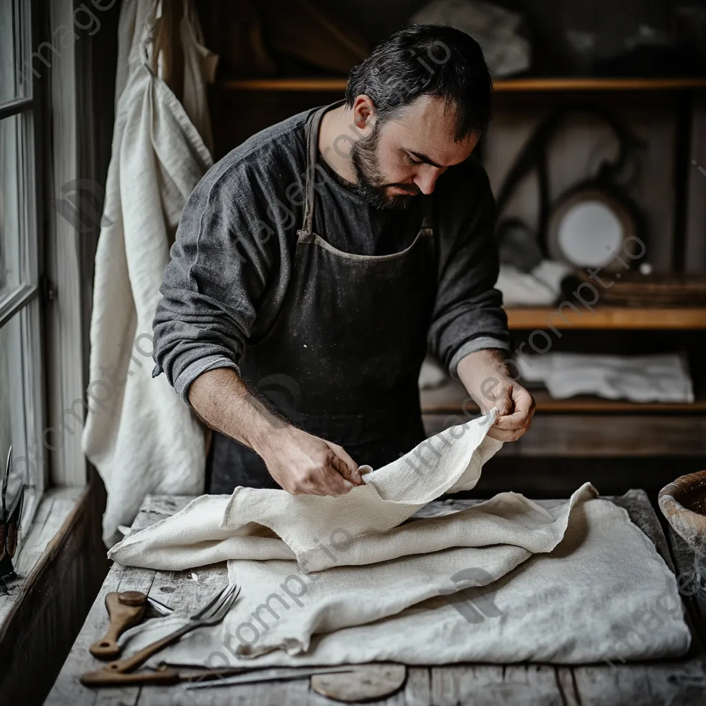 Artisan folding freshly woven linen tablecloths in a workshop. - Image 3