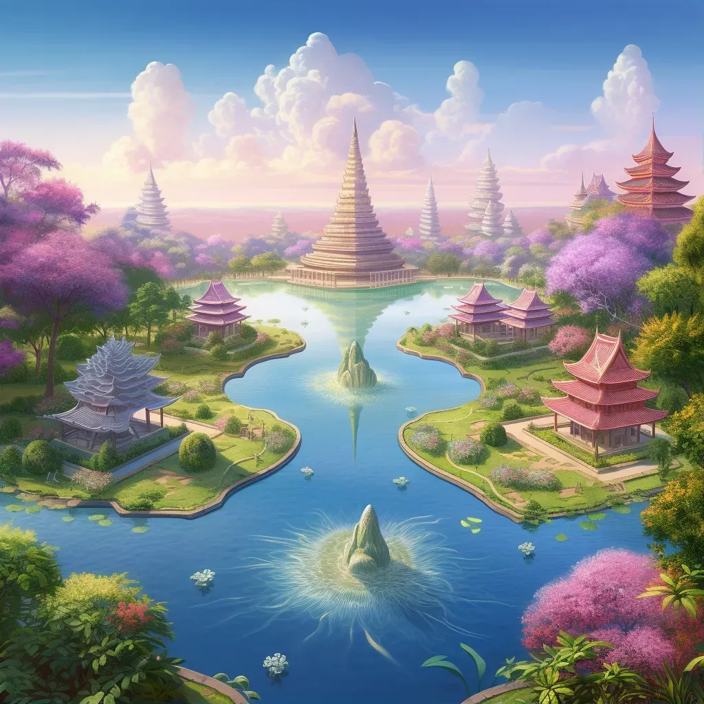 Tranquil Buddhist Pure Land with lotus plants and cherry blossom trees - Image 1