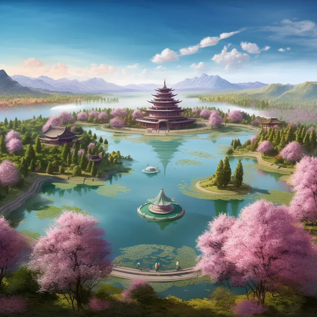 Tranquil Buddhist Pure Land with lotus plants and cherry blossom trees - Image 3