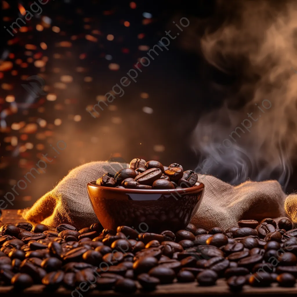 Coffee bag and beans with a steaming cup ready to pour. - Image 1