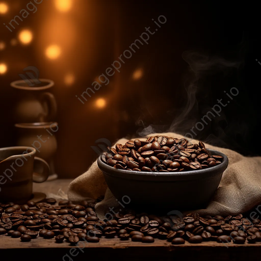 Coffee bag and beans with a steaming cup ready to pour. - Image 2