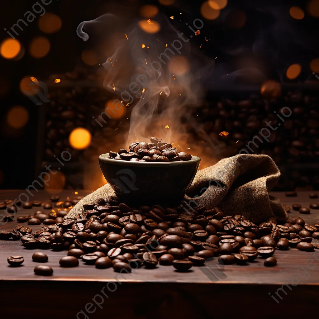 Coffee bag and beans with a steaming cup ready to pour. - Image 3