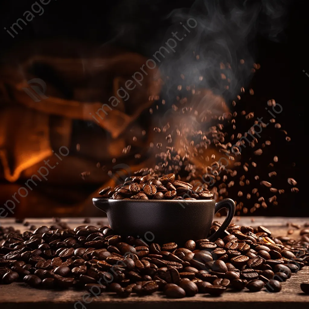 Coffee bag and beans with a steaming cup ready to pour. - Image 4