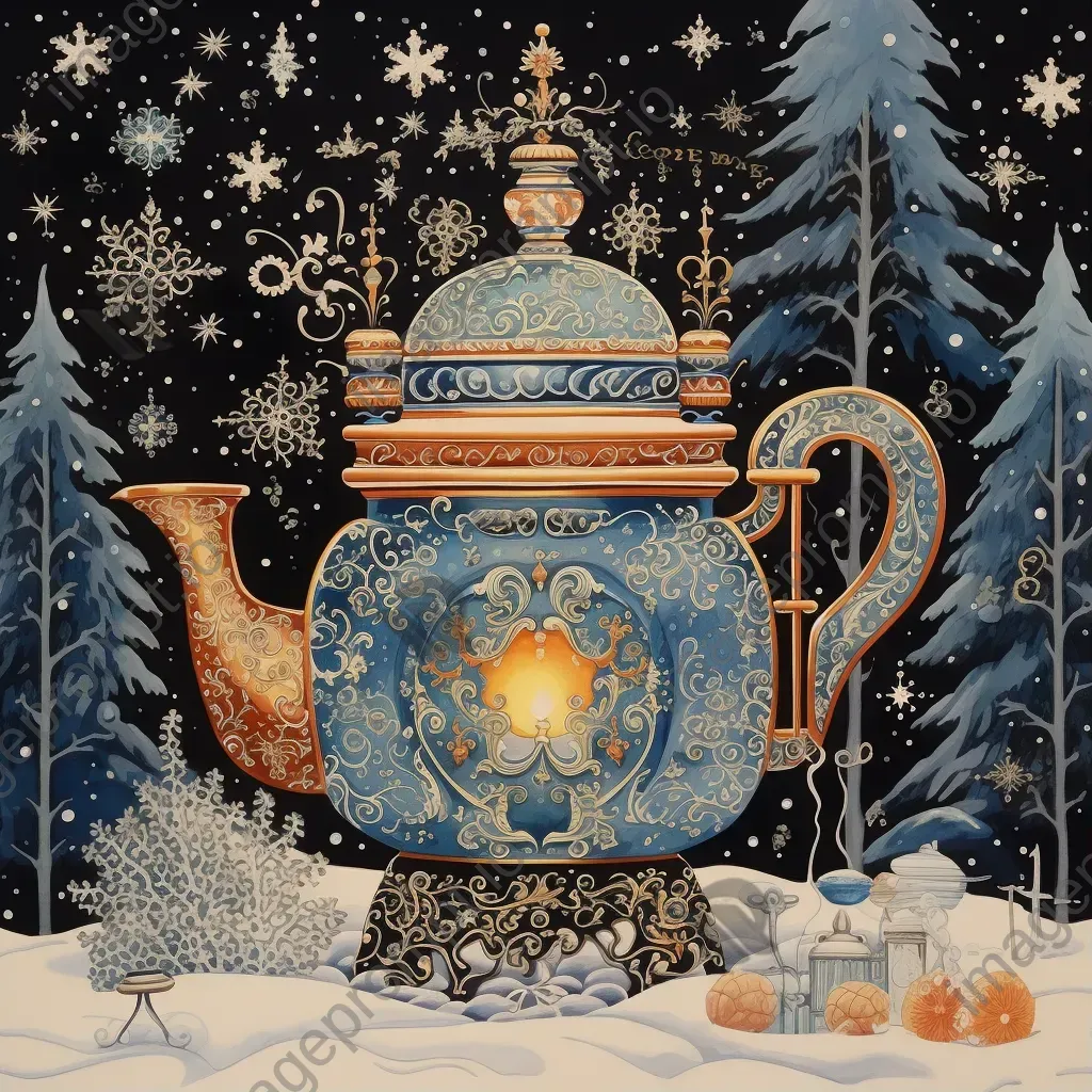 Gouache painting of a Russian samovar tea ceremony during winter - Image 1