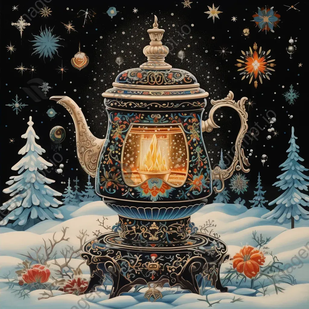 Gouache painting of a Russian samovar tea ceremony during winter - Image 2