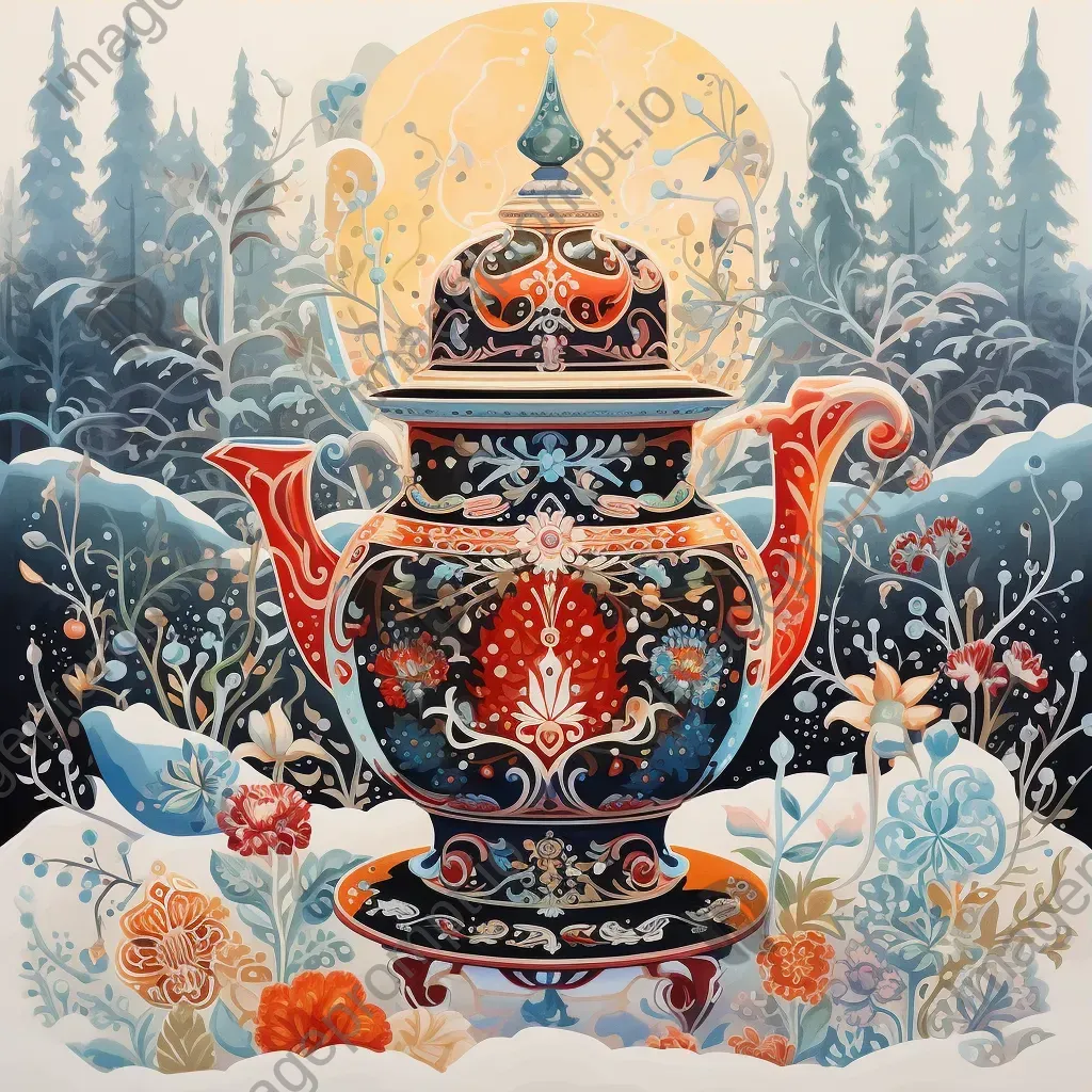 Gouache painting of a Russian samovar tea ceremony during winter - Image 3