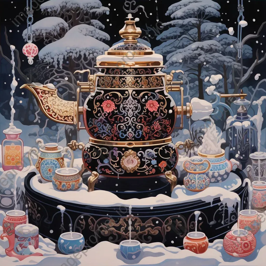 Gouache painting of a Russian samovar tea ceremony during winter - Image 4