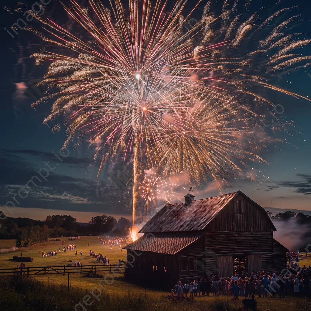 Fireworks exploding in the countryside with a barn and families celebrating New Year