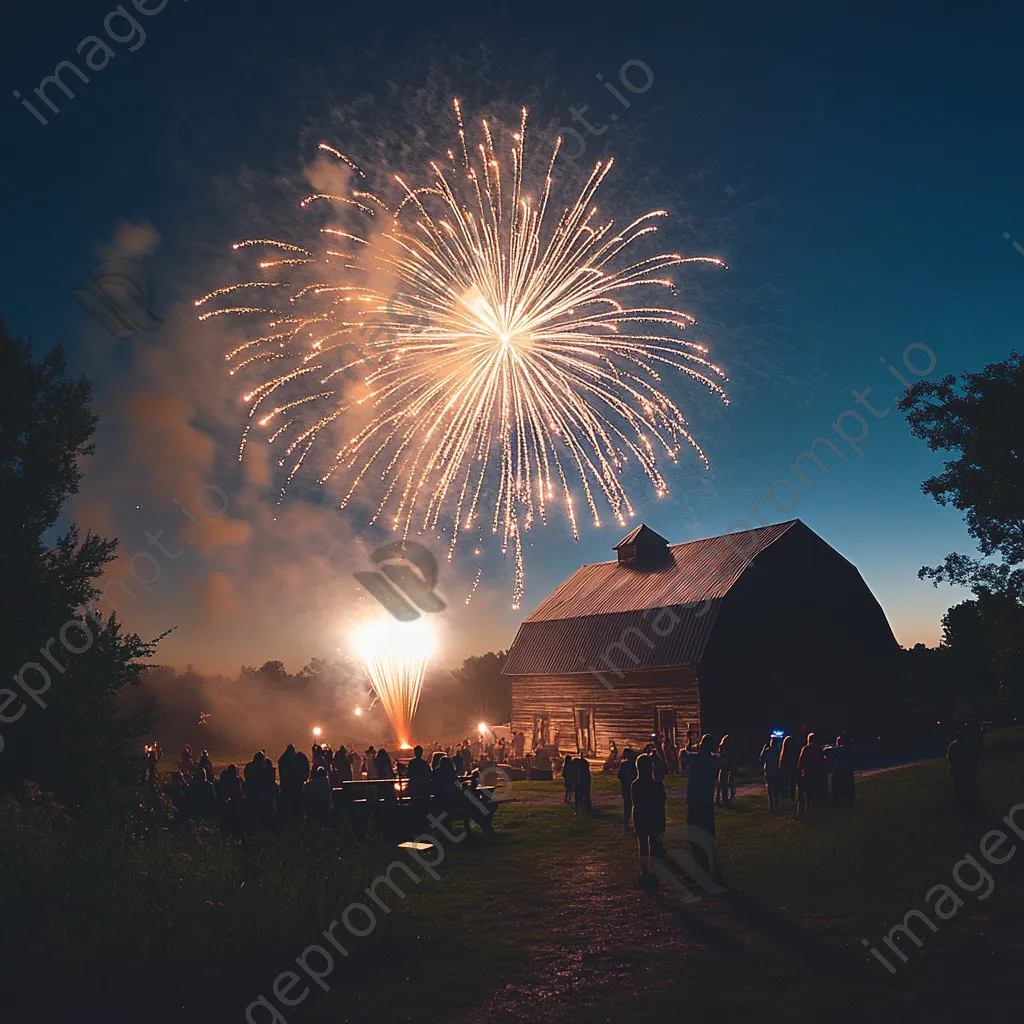 Fireworks exploding in the countryside with a barn and families celebrating New Year