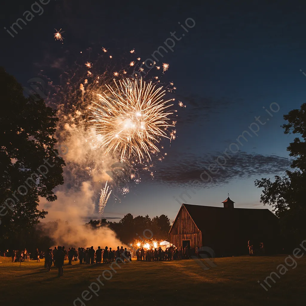 Fireworks exploding in the countryside with a barn and families celebrating New Year