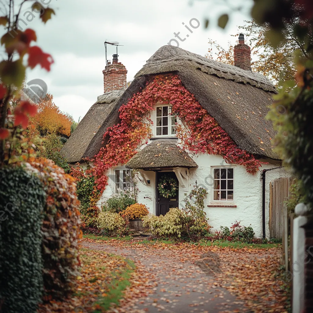 Thatched roof cottage surrounded by autumn foliage - Image 1