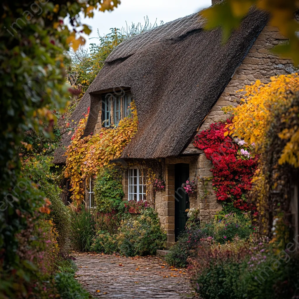 Thatched roof cottage surrounded by autumn foliage - Image 2