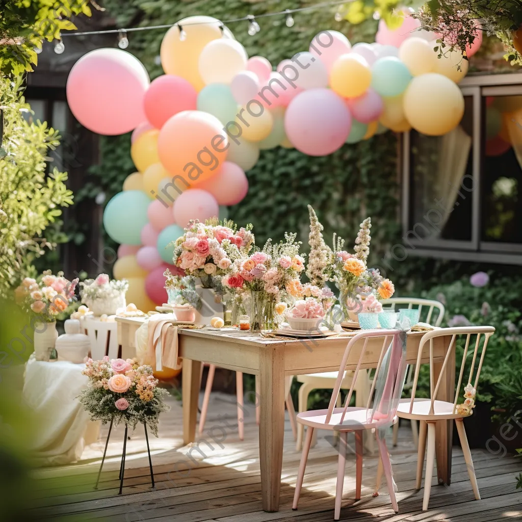 Pastel balloons and tables set for a garden birthday party. - Image 1