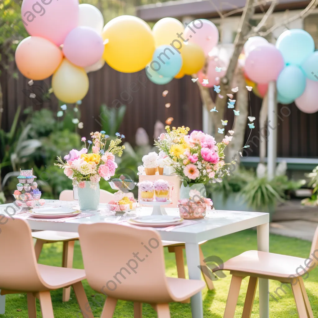 Pastel balloons and tables set for a garden birthday party. - Image 2