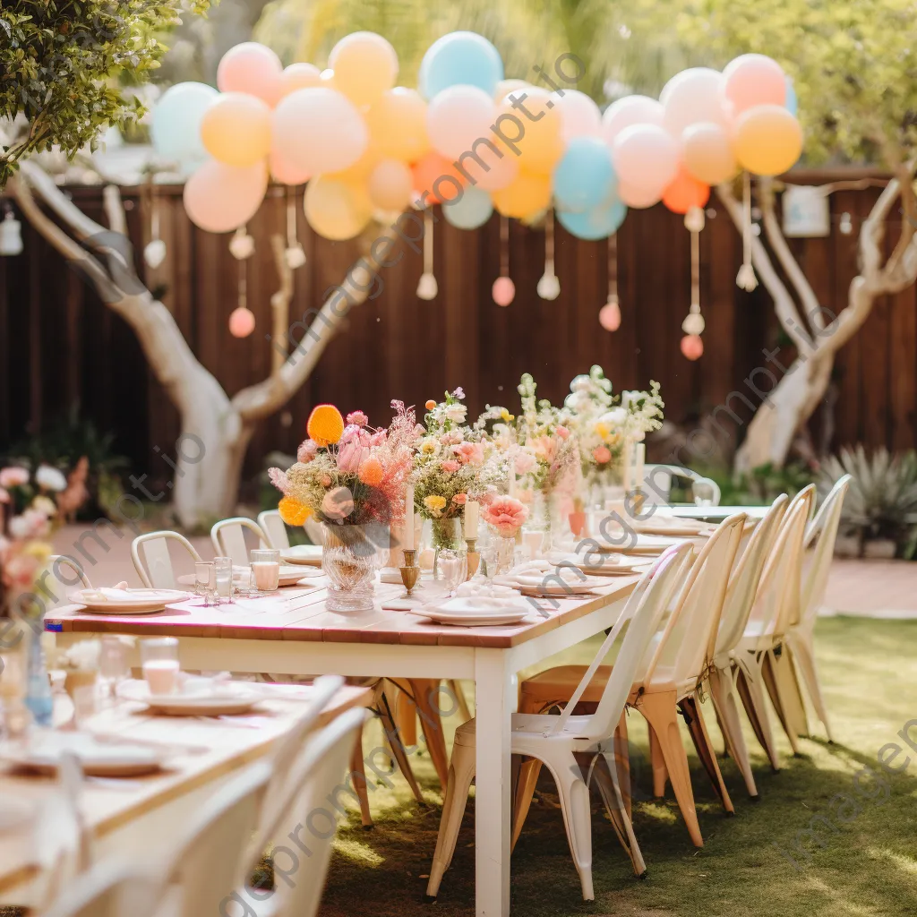 Pastel balloons and tables set for a garden birthday party. - Image 3