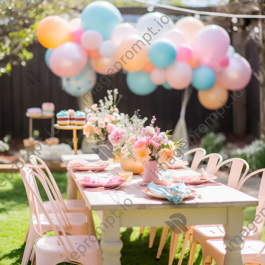 Pastel balloons and tables set for a garden birthday party. - Image 4