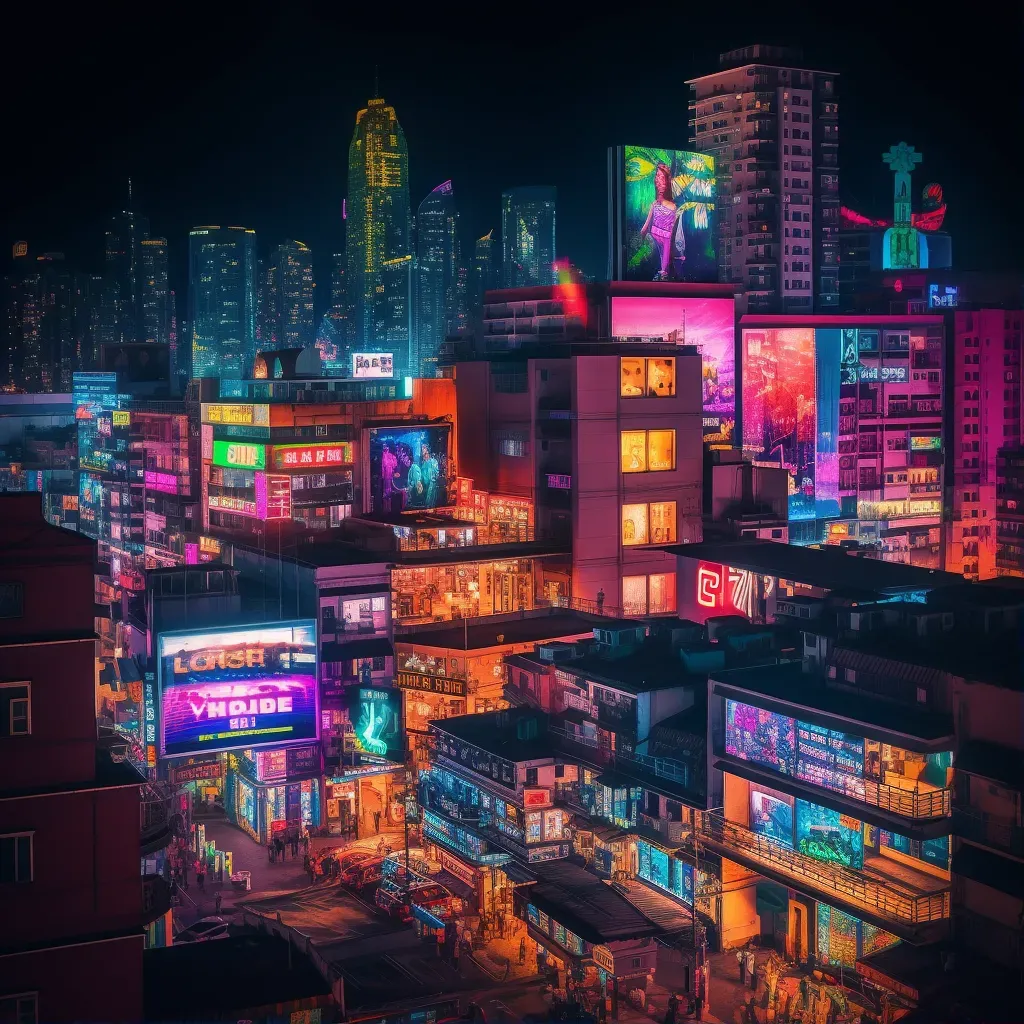 Aerial view of vibrant cityscape at night with neon lights - Image 1