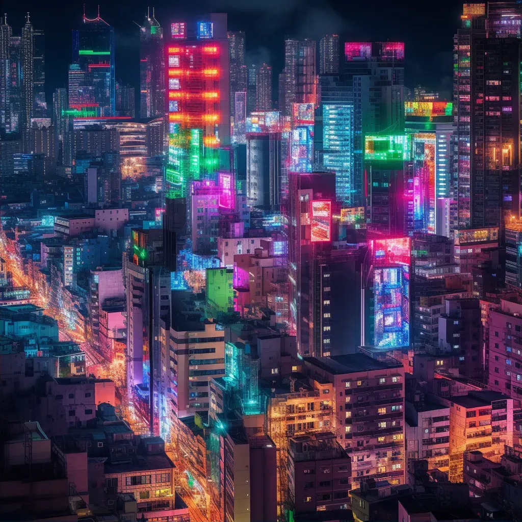 Aerial view of vibrant cityscape at night with neon lights - Image 2