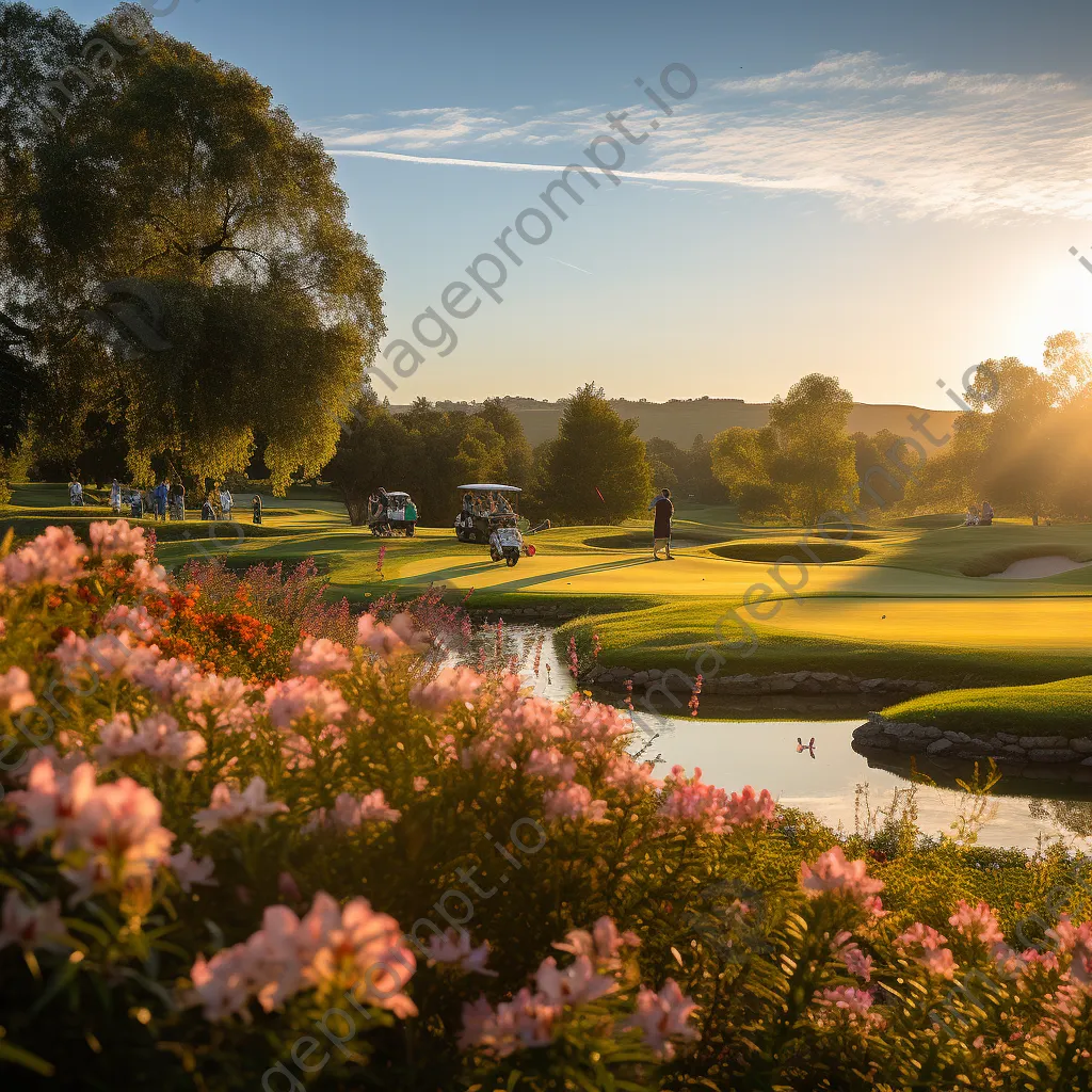 Golfers playing on a luxury golf course surrounded by flowers - Image 1