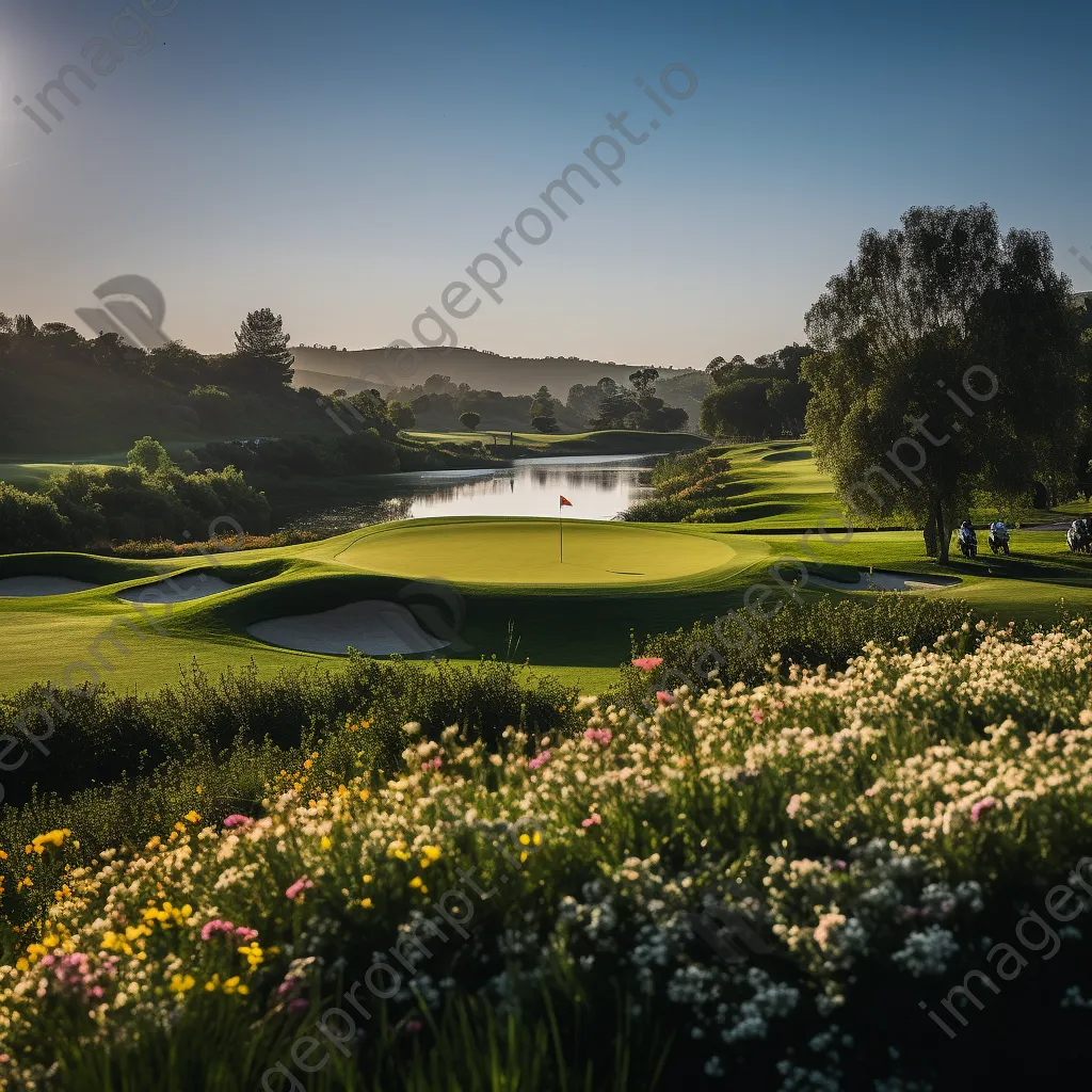 Golfers playing on a luxury golf course surrounded by flowers - Image 4