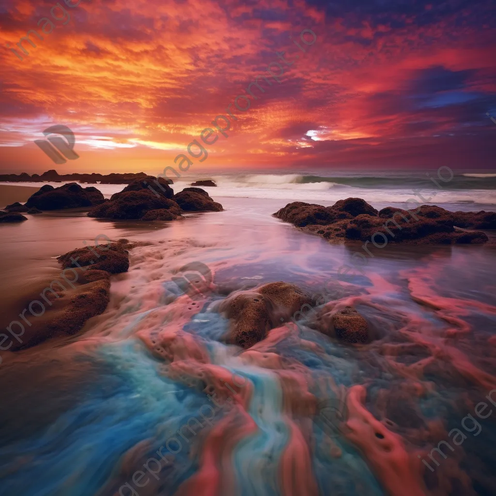 A beach with waves resembling colorful paint under a dramatic sky, creating a surreal effect. - Image 1