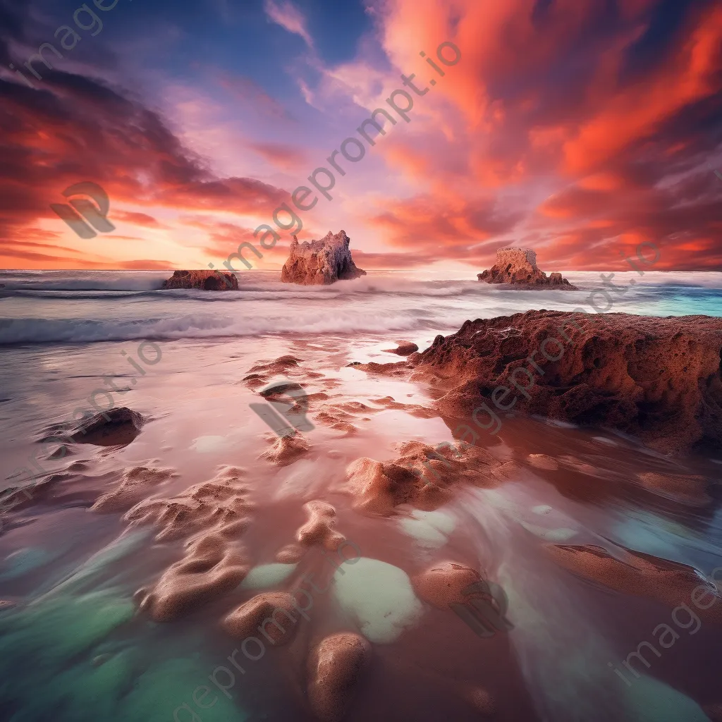 A beach with waves resembling colorful paint under a dramatic sky, creating a surreal effect. - Image 2