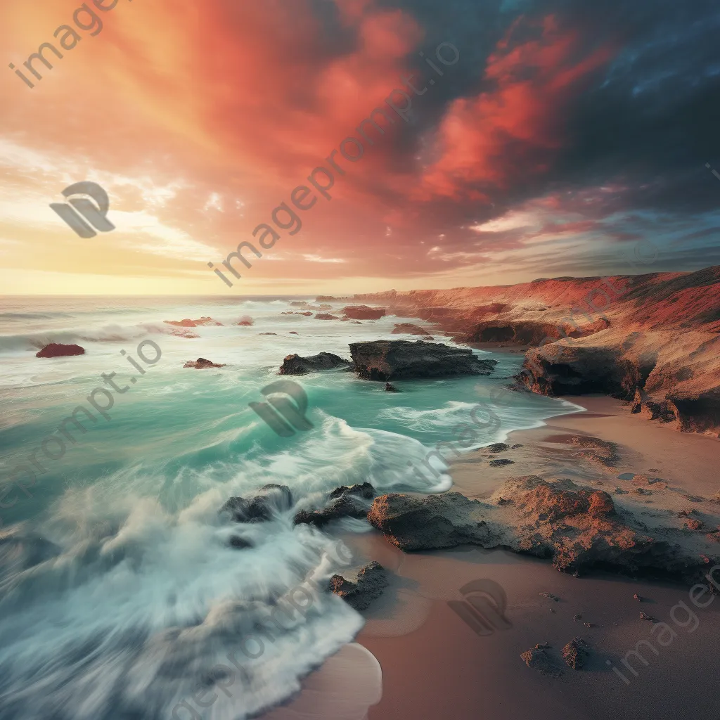 A beach with waves resembling colorful paint under a dramatic sky, creating a surreal effect. - Image 3