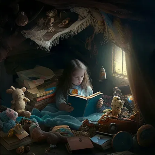 Girl reading in cozy attic surrounded by childhood toys - Image 2