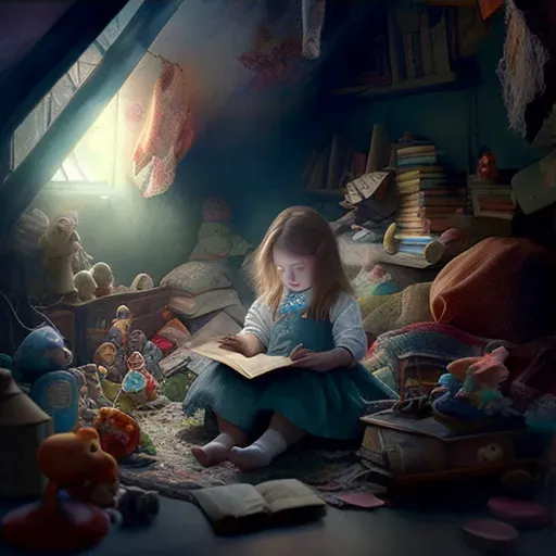 Girl reading in cozy attic surrounded by childhood toys - Image 3