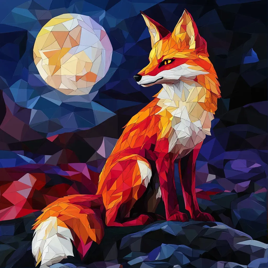 Low poly depiction of a Kitsune fox in vibrant red and orange hues against a midnight sky - Image 1