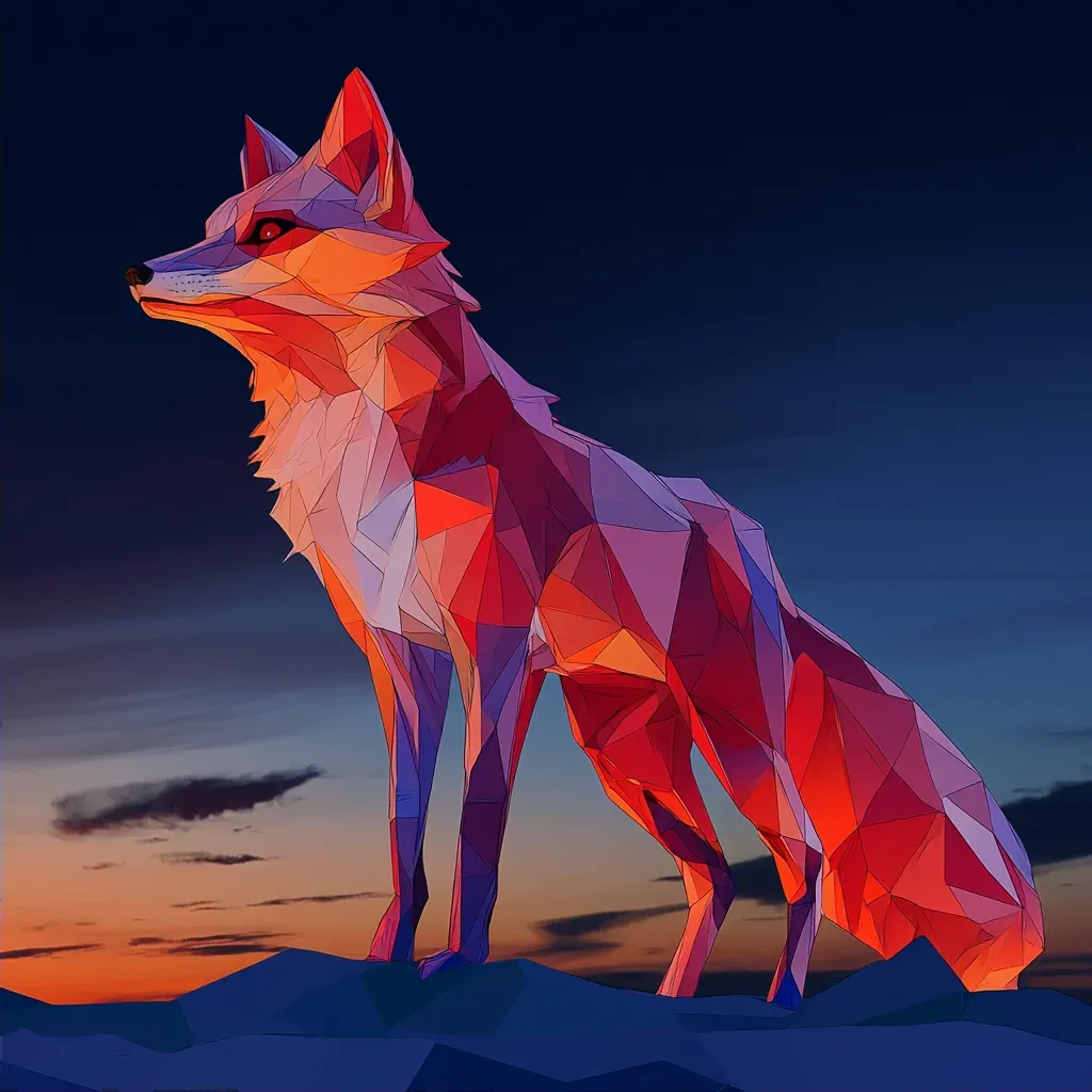 Low poly depiction of a Kitsune fox in vibrant red and orange hues against a midnight sky - Image 2