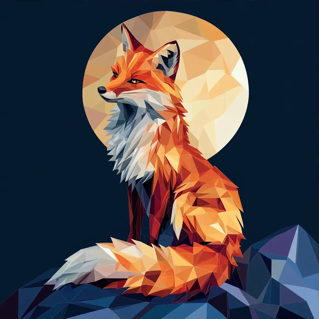 Low poly depiction of a Kitsune fox in vibrant red and orange hues against a midnight sky - Image 3