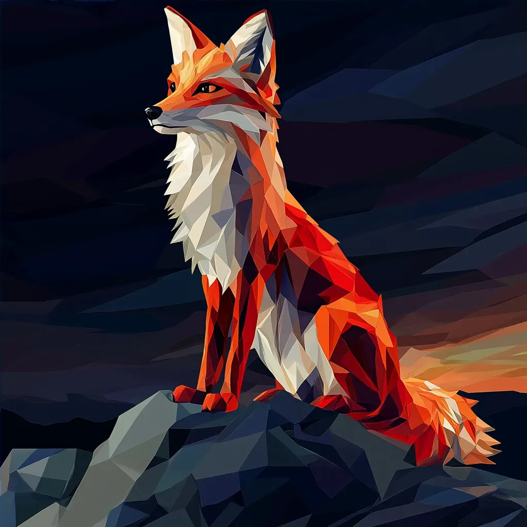 Low poly depiction of a Kitsune fox in vibrant red and orange hues against a midnight sky - Image 4