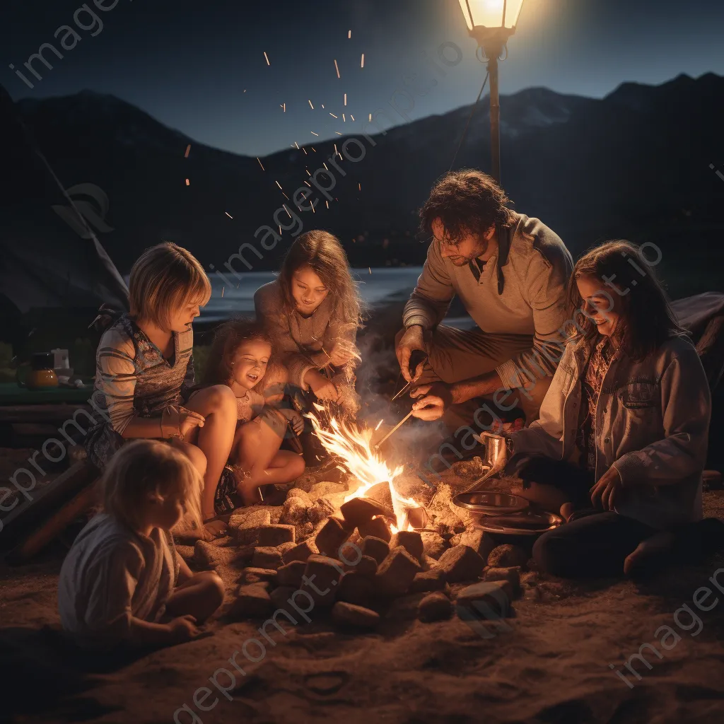 Family gathered around a bonfire at night roasting marshmallows - Image 1