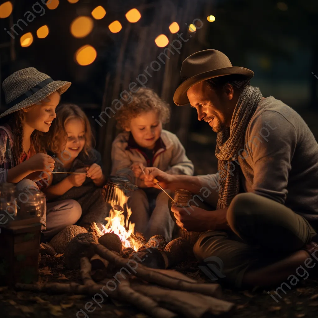 Family gathered around a bonfire at night roasting marshmallows - Image 2