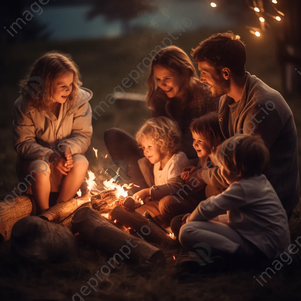 Family gathered around a bonfire at night roasting marshmallows - Image 3