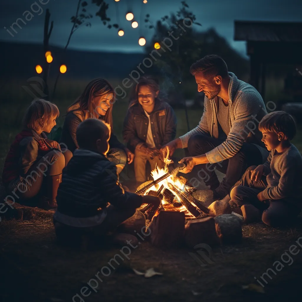 Family gathered around a bonfire at night roasting marshmallows - Image 4