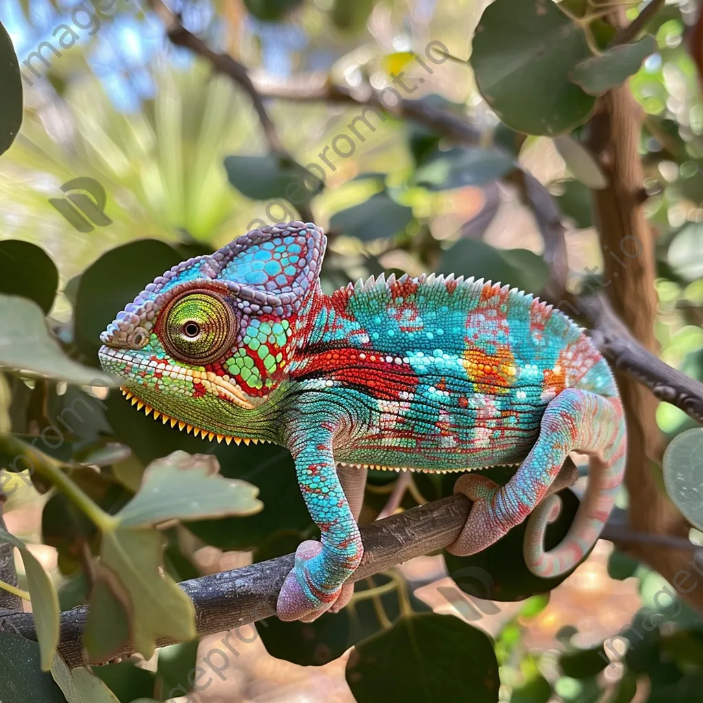 Chameleon on a branch blending with green leaves. - Image 1