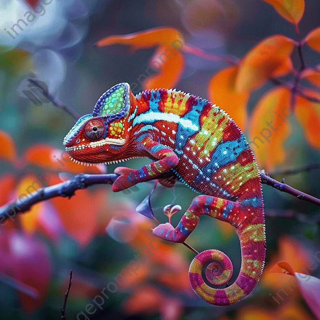 Chameleon on a branch blending with green leaves. - Image 3